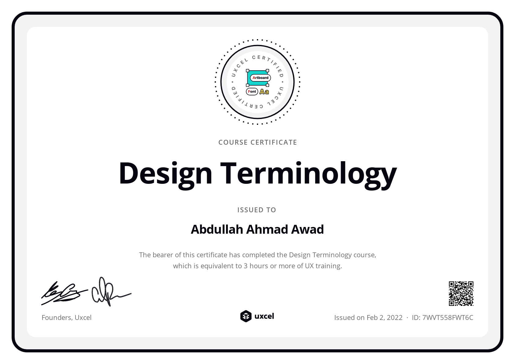 Abdullah Ahmad Awad's certificate